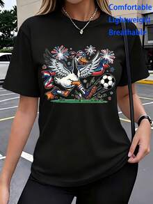 Women's T-Shirt With Patriotic Soccer Goose Cartoon Print And US Flag, Breathable, Round Neck, Short Sleeve, Soft And Casual Fabric, Versatile Top For Everyday Wear - 黑色 - 查看 1