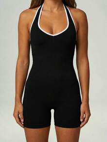 UONNOU Halter Neck Open Back Romper For Women, Contrast Trim Tummy Control Slim Sports Bodysuit - Black - View 6