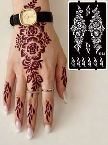3pcs/Set Hana Hand-Drawn Hollow Tattoo Stencils, Floral Pattern Nail Art Tattoo - Sexy Floral Design, Suitable For Hands, DIY Painting, Ink, Reusable Mehndi Design Template Stickers - Black - View 5