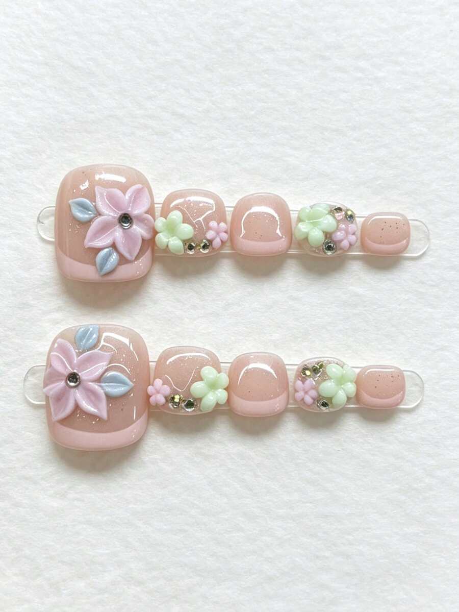 10pcs Short Square Handmade Press-On Nails, Nude Pink Glitter Base With 3D Macaron Pink & Green Flowers, Blue Leaves And Rhinestone Decor, Gentle Spring Sweet Style, Reusable, Suitable For Daily Wear And Dating - Multicolor - View 1