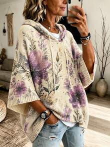 Sweater Pullover Berkerudung Longgar dengan Motif Bunga dan Daun untuk Wanita Ukuran Plus, Model Kasual Serbaguna, Cocok untuk Perjalanan Sehari-hari, Kencan, Pesta Ulang Tahun, dan Musim Gugur. - MultiWarna - View 2