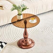 Round Glass Side Table, Modern And Elegant Coffee Table With Tempered Glass Top And Stable Base, Compact Side Table For Living Room And Bedroom (Table Only) - 棕色 - 查看 2