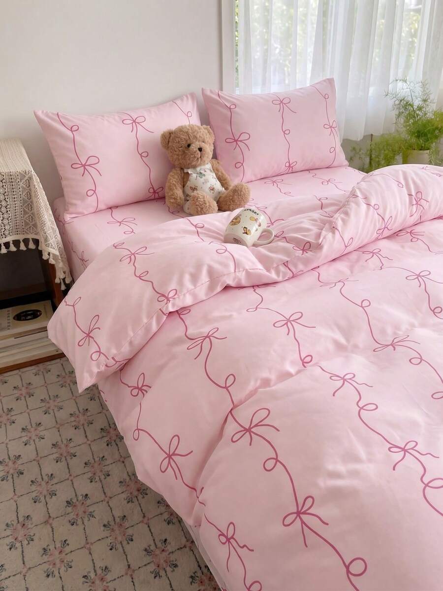 2/3pcs Ins Style Pink Line Bow Vine Floral Pattern Duvet Cover Bedding Set, Soft Breathable Wrinkle-Resistant, Double-Sided Dual-Color Duvet Cover*1 Pillowcase*1/2 - Pink - View 1