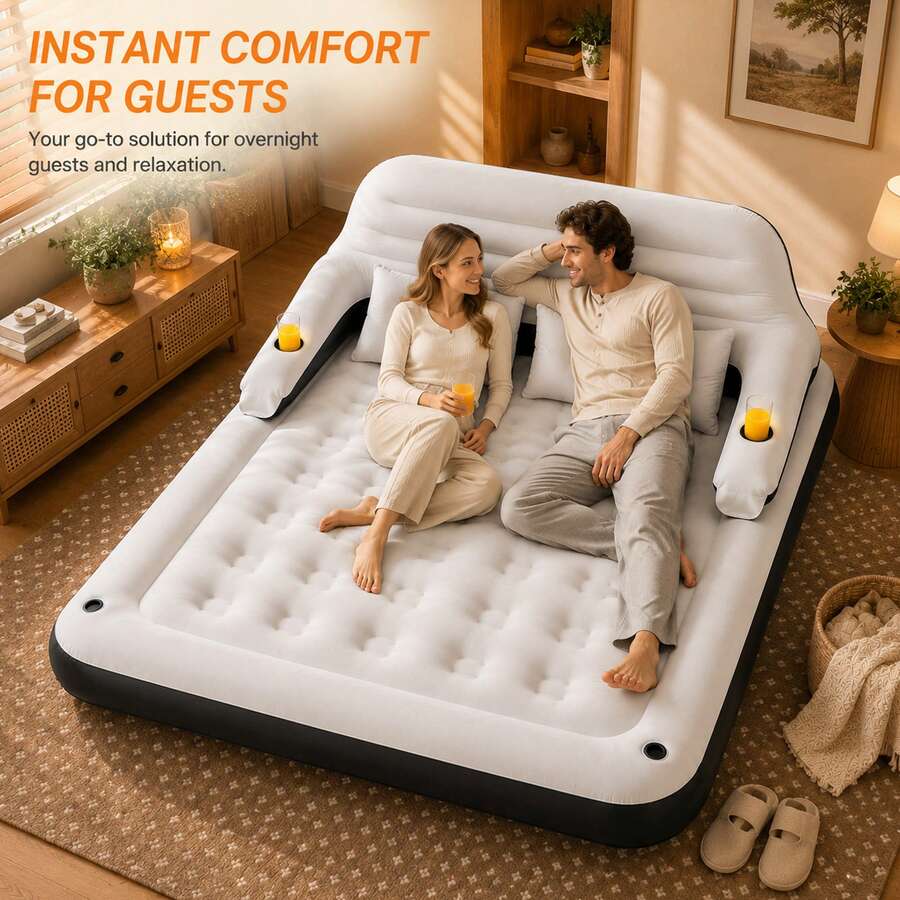 2-In-1 Inflatable Sofa Bed, Convertible Outdoor Camping Lounge Chair, Built-In Cup Holder, Comfortable Flocked Inflatable Mattress, Suitable For Camping, Travel, Picnic And Poolside Use