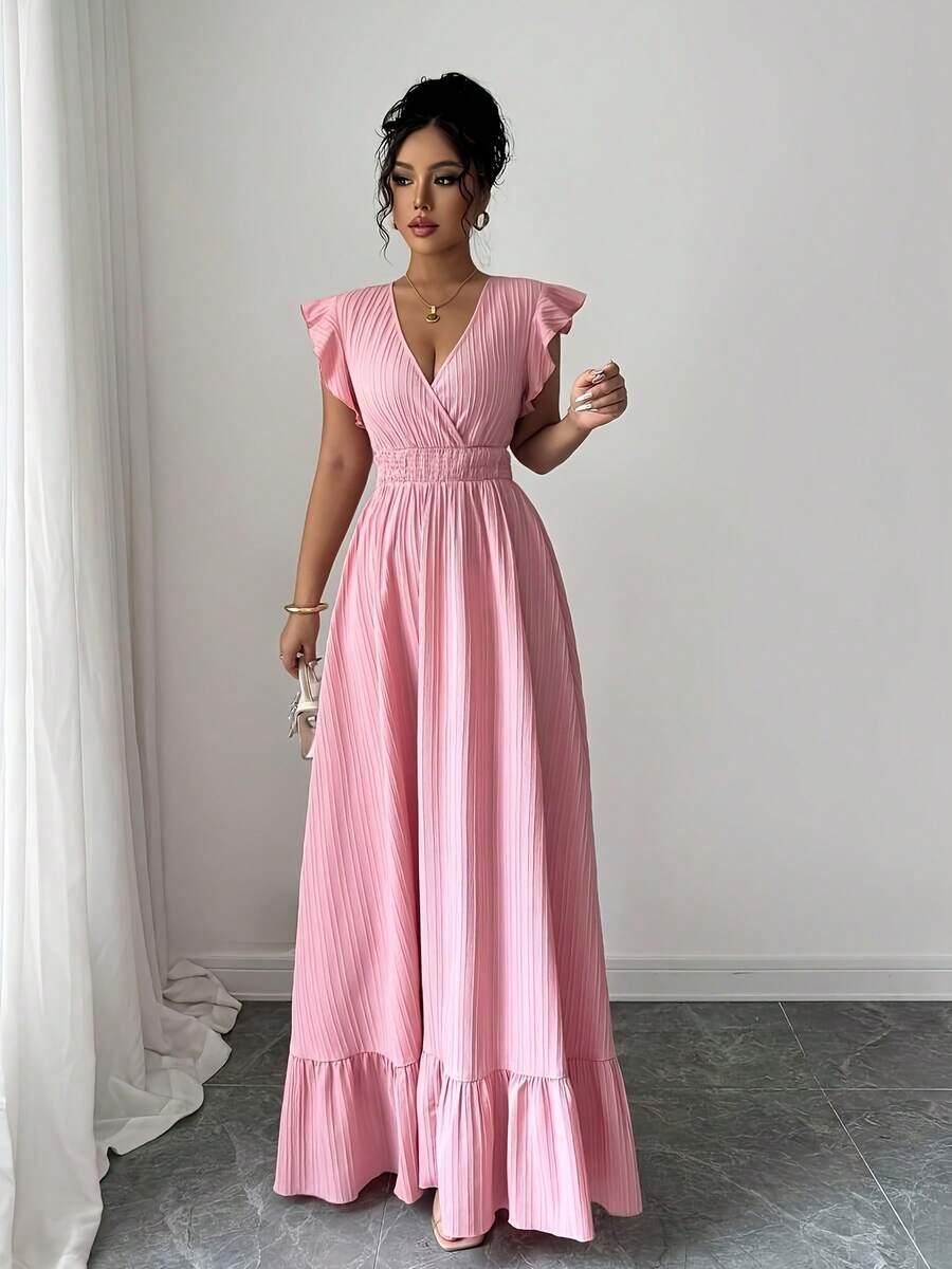 Vestido Informal Formal Rosa Pastel Sin Mangas Completas, Diseño Envolvente en Bust, Falda Amplia con Borde de Volantes para Paseos y Cenas Románticas - Rosa - Ver 1