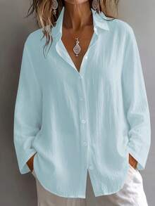 Camisa Mujer Cuello Solapa Color Menta Claro de Manga Larga, Tejido con Textura Arrugada Suelto, Botones Delanteros para Estilo Casual y Oficina - azul claro - Ver 6