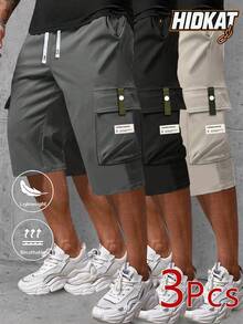 3 Packs Men's Cargo Capri Pants, Summer Drawstring Waist, Large Pockets, Letter Patches, Fashion Casual Sports Pants - Multicolor - View 1
