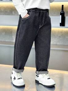 Boys' Toddler All-Season Elastic Waist Loose Fit Solid Color Contrast Stitch Denim Jeans Pants For Daily, School, Outdoor Wear - Dark Wash - View 3