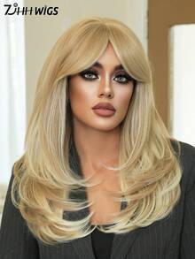 7JHH WIGS 中長款香檳金分層假髮，附簾幕瀏海，18英吋蓬鬆耐熱合成纖維全機製假髮，適合女性派對穿著、萬聖節與節慶 Cosplay 及日常使用 - 香檳色 - 查看 4