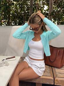 Women's Hollow Knit Short Cardigan, Lightweight Button Front Long Sleeve Round Neck Short Knit Sweater, Suitable For Spring, Summer, Autumn Daily Street Wear - Cadet Blue - View 6