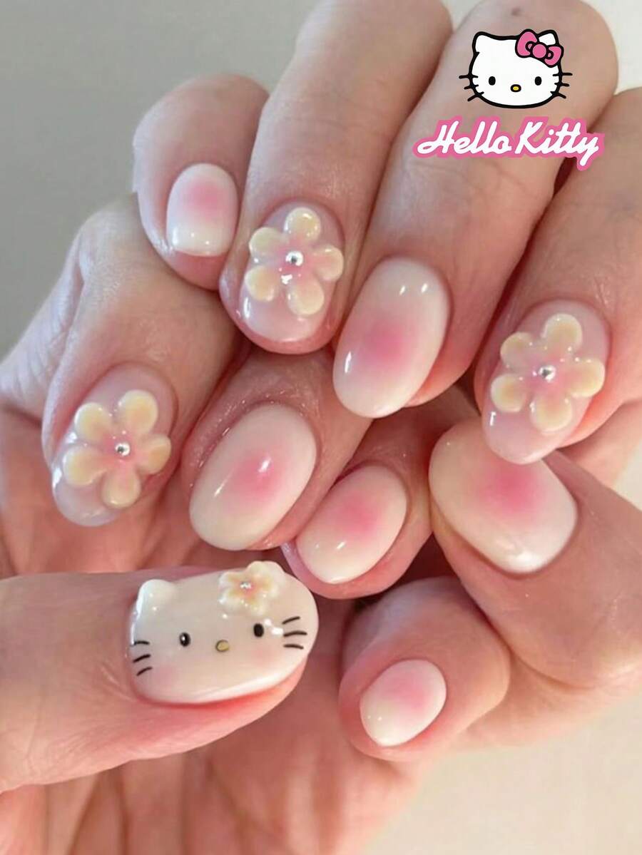 Sanrio Hello Kitty 24片短橢圓穿戴甲,可愛3D Hello Kitty、3D凝膠花朵與珍珠設計,適用於壓克力假指甲套組,含1片果凍膠與1片指甲锉,適合女性與女孩日常、派對、聚會使用 - 彩色 - 查看 1