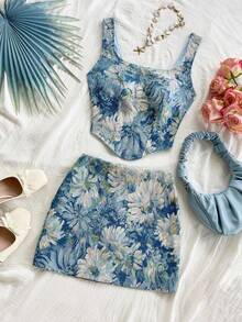 Conjunto de 2 piezas de estilo vintage azul palacio con estampado floral jacquard para mujer: top corto con cuello halter abotonado y minifald - Rojo - Ver 6