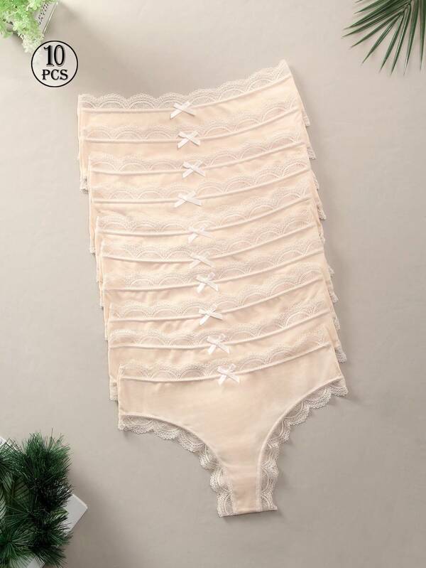 10pcs Women's ThinBlack Lace Splicing Thong,Young Girls FashionSexy Romantic BowLace Panties Thong Panties,Comfortable Soft Breathable Thong Combo Set