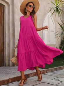 Vestido rojo sin mangas para mujer, largo tipo tiered con cuello en V, estilo bohemio casual - Rosa - Ver 9