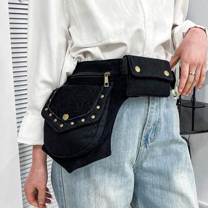 Riñonera Steampunk Retro, Bolso Bandolera Cruzado con Encaje Tachonado y Múltiples Bolsillos, Correa Ajustable & Herrajes Metálicos, Para Festival, Motocicleta, Viaje