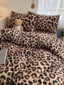 2/3pcs Brown Leopard Print Bedding Set, Soft And Breathable, Wrinkle-Resistant, Improves Sleep Quality, Luxury Hotel Style, Gift For Parents And Friends, Double-Sided Dual-Color Quilted Duvet Cover*1, Pillowcase*1/2, Size Options: Extra Large, Large, Standard Double, Single - Brown - View 5