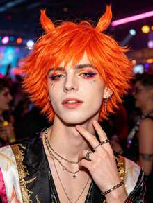 Peluca sintética naranja vibrante, corta, esponjosa, con capas, recta, despeinada y puntiaguda, con accesorio de diadema con forma de cuerno desmontable, para hombre y mujer, anime cosplay, con flequillo, kit de peluca para fiesta de disfraces, espectáculo en escenario, atuendo temático y sesión de fotos - Naranja - Ver 3