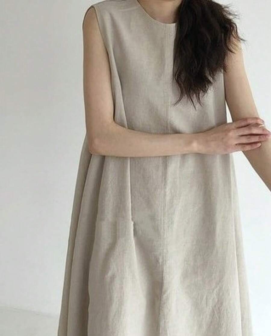 Long Linen And Cotton Dress, Loose Fit, Sleeveless, Pumpkin Color. - Beige - View 1