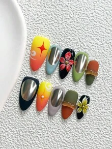 10pcs Gal Style Handmade Press-On Nails, Polygel Nail Art Set, Yellow Green Red Floral, Matte Texture, Red Yellow Blue Black Nail Polish Colors, Minimalist Style, Includes Nail Tools, 3 Sizes Available, Almond/Duck/Coffin Shape, Suitable For Party, Dancing, Daily Wear - 彩色 - 查看 3