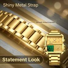 BINBOND 1PC Men's Luxury Gold Stainless Steel Strap Luminous Water-Resistant Square Shape Multi-Functional Quartz Watch For Business Gifts Souvenir - Multicolor - View 6