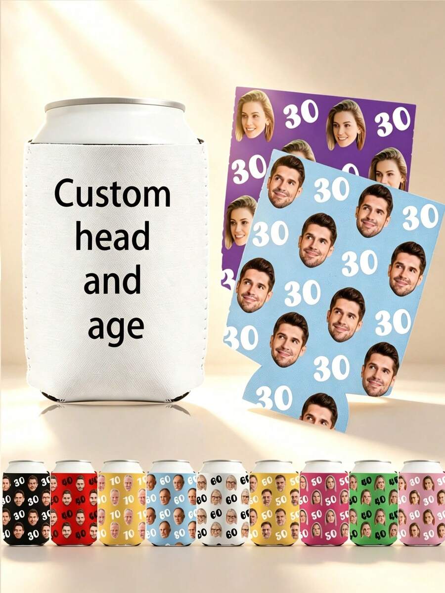 Personalized Photo Birthday Beer Can Cooler, Custom Face Photo Age Birthday Insulated Beverage Sleeve, Drink Bottle Sleeve, 30th 40th 50th 60th Birthday Anniversary Party Decoration