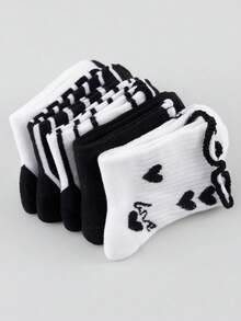 5 Pairs Women's Black & White Minimalist Striped Ruffle Edge Heart & Letter Mid-Calf Socks, Suitable For Daily Wear - Multicolor - View 3