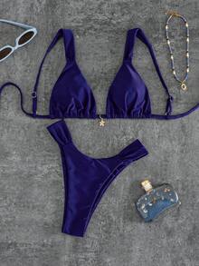 Maiô Bikini Azul Sexy e Fashion para Mulheres Primavera/Verão com Pingente Floral, Roupa Elegante e Casual para Férias na Praia, Adequada para Festivais de Música, Festas na Praia, Surfe e Mais, Feito de Tecido de Alta Elasticidade, Confortável e Fofo, Maiô de Duas Peças Sem Costas - Azul - Visão 2