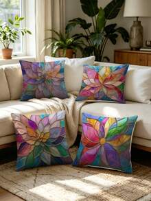 4pcs Colorful Stained Glass Lotus & Dahlia Print Pillow Covers, Art Nouveau Gold Line Mosaic Art Square Decorative Cushion Covers, Suitable For Living Room, Bedroom, Wedding, Bridal Shower, Housewarming, All-Season Home Decor - Multicolor - View 6