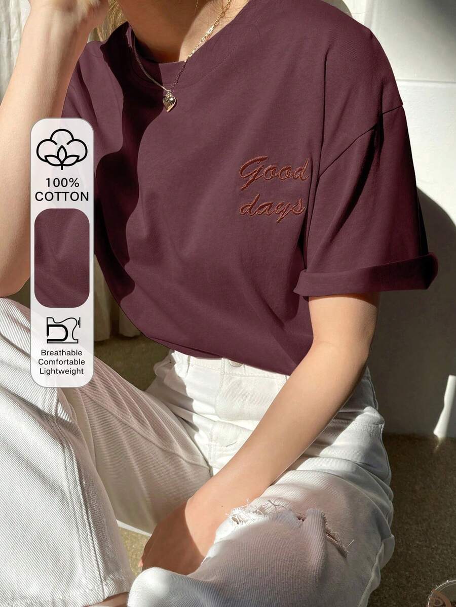 Off-The-Shoulder T-Shirt With Embroidered Lettering, Preppy Summer Style - Red Violet - View 1