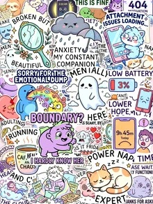 50Pcs Low Energy Mental Health Meme Stickers, Funny Introvert Anxiety Cartoon Sarcastic Text Decals, Ideal For Journaling, Water Bottle, Laptop, Scrapbook & Teen Stationery Gifts - 7*6*1 - View 1