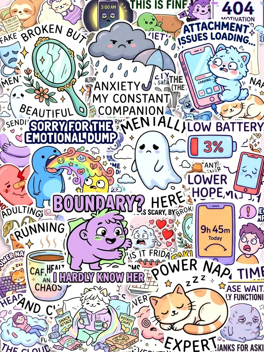 50Pcs Low Energy Mental Health Meme Stickers, Funny Introvert Anxiety Cartoon Sarcastic Text Decals, Ideal For Journaling, Water Bottle, Laptop, Scrapbook & Teen Stationery Gifts - 7*6*1 - View 1
