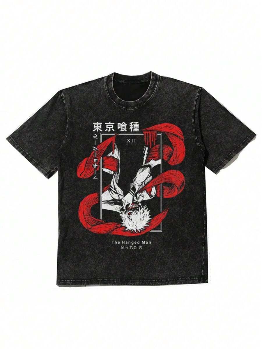 Camia vintage lavada para hombre con estampado gráfico de anime, Harajuku Streetwear, camia holgada de manga corta oversized, con un diseño retro y elegante en un corte relajado, disponible - Negro - Ver 1