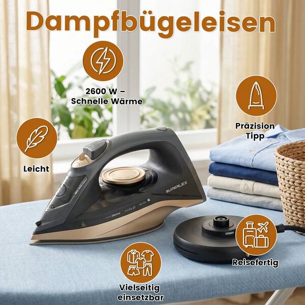 SUPERLEX Kabelloses 2-in-1-Dampfbügeleisen, Bügelsohle aus Keramik, 2600-W-Dampfmaschine mit schneller Aufheizung, Anti-Kalk-/Anti-Tropf-Funktion, mit 4 Funktionen (Trockenbügeln, Sprühen, Dampfbügeln, Luftbügeln), Sichtweite bis zu 2,1 Meter, starker Dampfausstoß, geeignet