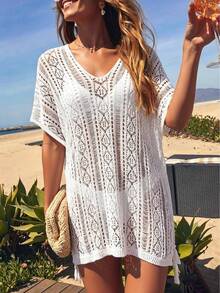 NZZOF Women's Knitted Hollow V-Neck Batwing Sleeve Beach Cover-Up (Bikini Not Included) Vacation White Summer - White - View 1
