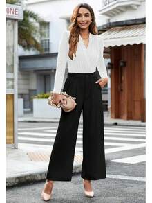 Pantalones de Pierna Ancha para Mujer, Casuales de Negocios, de Cintura Alta, Elegantes, Fluidos, para Oficina - Negro - Ver 7