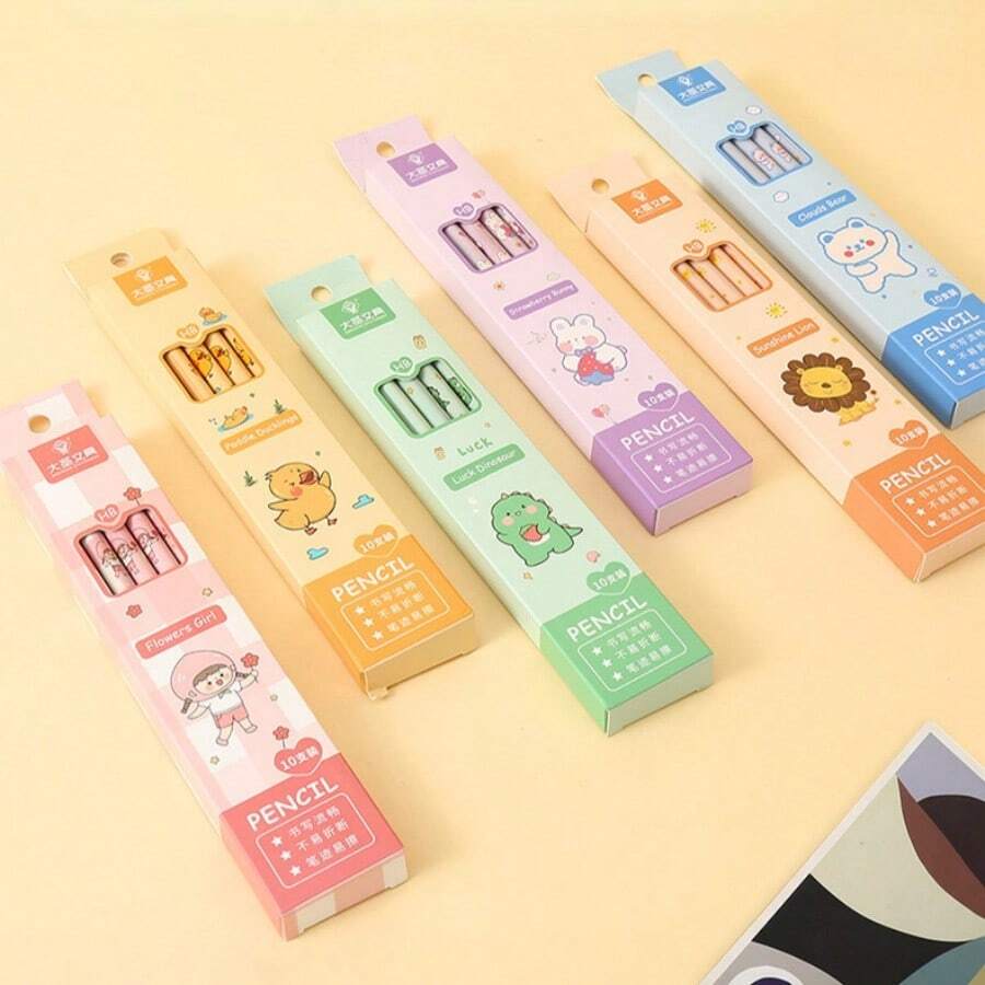 10 pièces, Crayons de bois naturel mignons en boîte de dessin animé, fournitures de papeterie pour l'apprentissage des étudiants - Multicolore - Voir 1