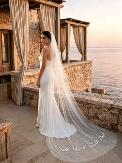 Khăn voan cô dâu Till Death Do Us Part thêu chữ tiếng Anh, dài chạm sàn, một lớp, vải tulle trơn, kèm lược cài, dùng cho lễ cưới tại nhà thờ