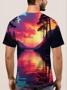 Camiseta Gráfica de Corte Holgado para Hombre con Diseño de Paisaje de Atardecer en un Río de Ensueño Simétrico - Impresión en Degradado Magenta-Cian-Naranja-Púrpura, Estilo de Arte Digital - Negro - Ver 4