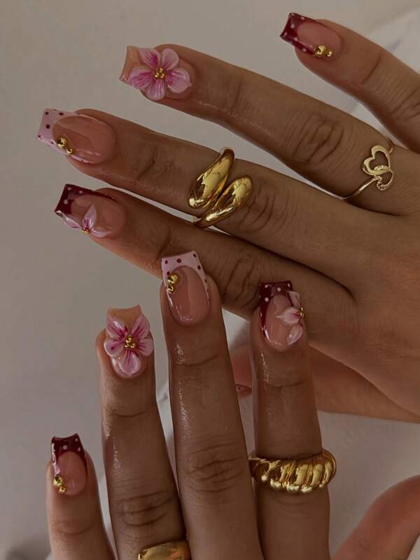 24 Stück kurze quadratische 3D-Gel-Nagelkunst mit Blumen- und Punktmuster, Perlen-Dekor French Nails, Set enthält: 1 Stück Jelly-Kleber und 1 Stück Nagelfeile. Sommer-Nagelspitzen und Punkt-Nägel