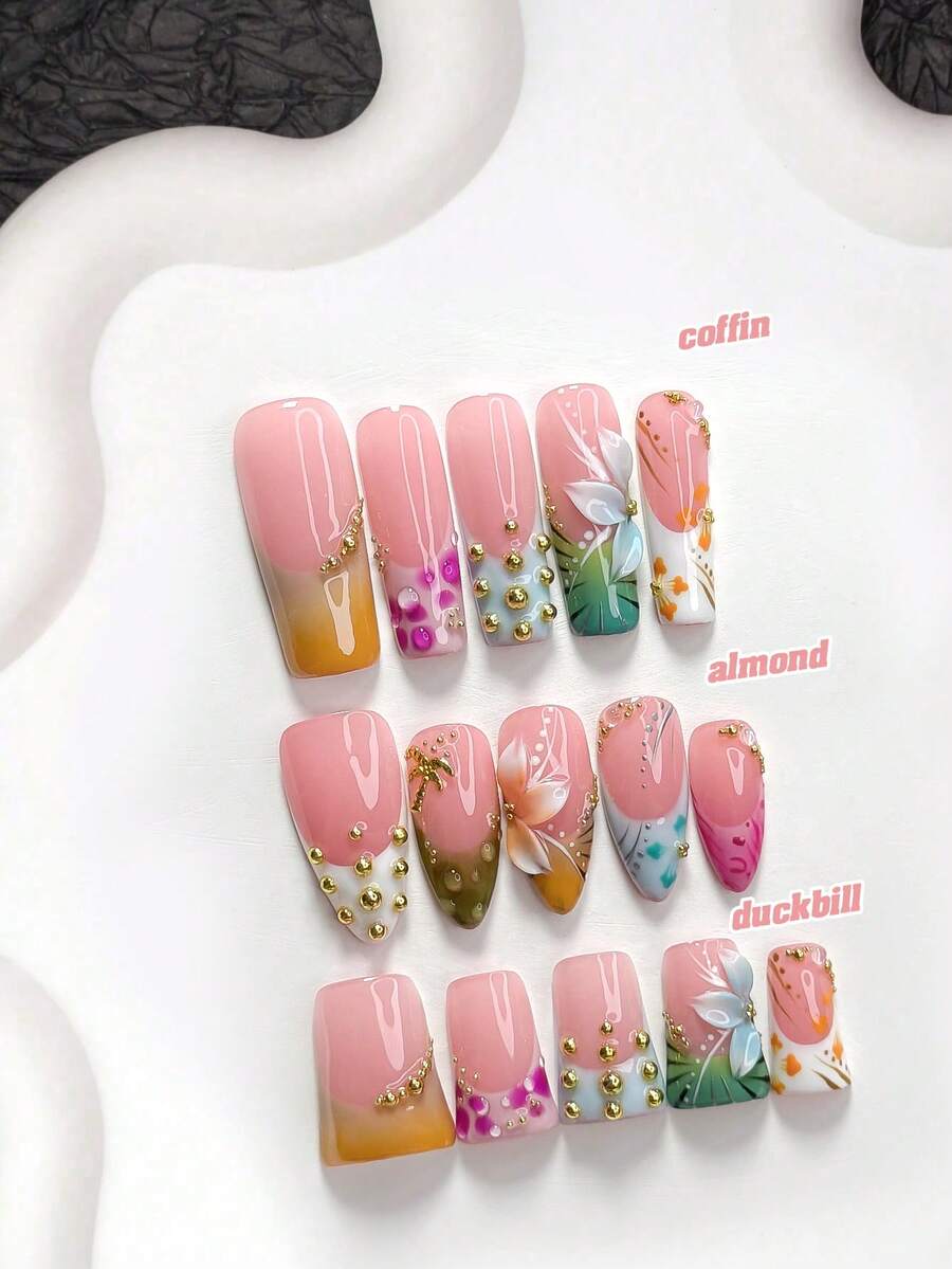 10pcs Island Vacation Style Handmade Press-On Nails, Polygel Nail Art Set, Coconut Tree & Petal Design, Magenta, Blue & Orange Nail Polish, Fresh Style, Includes Nail Tools, 3 Sizes Available, Almond, Duck, Coffin Shape, Suitable For Party, Dancing, Daily Wear - 彩色 - 查看 1