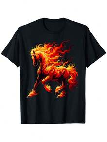Men's Fire Horse Graphic T-Shirt - Casual Short Sleeve Crew Neck T-Shirt 100% With Burning Horse And Flame Print, Orange/Red Design, Sizes S-XXXL - 黑色 - 查看 1