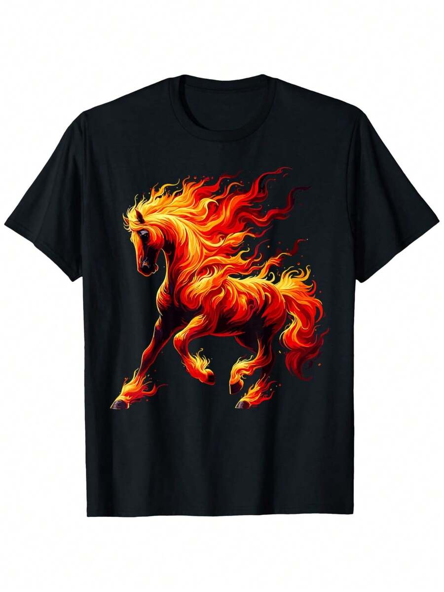 Men's Fire Horse Graphic T-Shirt - Casual Short Sleeve Crew Neck T-Shirt 100% With Burning Horse And Flame Print, Orange/Red Design, Sizes S-XXXL - 黑色 - 查看 1