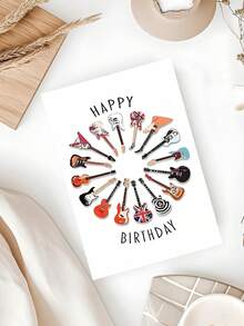1張彩色吉他主題生日卡，印有「Happy Birthday」文字，設計包含多種電吉他與民謠吉他圖案，適合音樂愛好者、朋友與家人 - 多色 - 查看 3