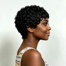 Pixie Cut Human Hair Wig Featuring A Voluminous Wavy Style And A Beautiful Black Finish; Short, Curly Wig With 4-Inch Wavy Curls And 200% Density For A Natural Look-Suitable For Daily Wear, Parties, And Special Occasions. - Natural Black - View 9