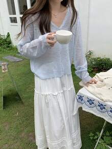 Spring/Summer V-Neck Loose Thin Casual Versatile Sun Protection Knit Cardigan Top For Women - Baby Blue - View 4