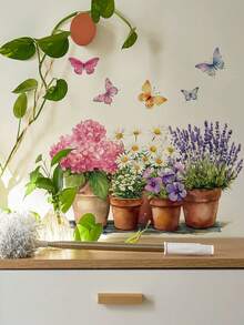 1pc Watercolor Potted Flower Butterfly Wall Sticker, Ins Pastoral Style Lavender Hydrangea Daisy Floral Art Self-Adhesive Paper, Waterproof Oil-Proof Removable No Residue No Damage To Wall, DIY Free Combination, Kitchen Cabinet Living Room Bedroom Rental Apartment Cabinet Door Blank Wall Surface Renovation Fresh Healing Home Decor Sticker - Wall Stickers - View 9