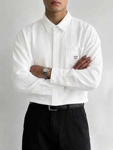 Camisa de manga larga con bolsillo en el pecho y textura blanca para hombres GloMan, transpirable para vacaciones en la playa, calle, uso casual diario, salidas, para padre/esposo - Blanco - Ver 3