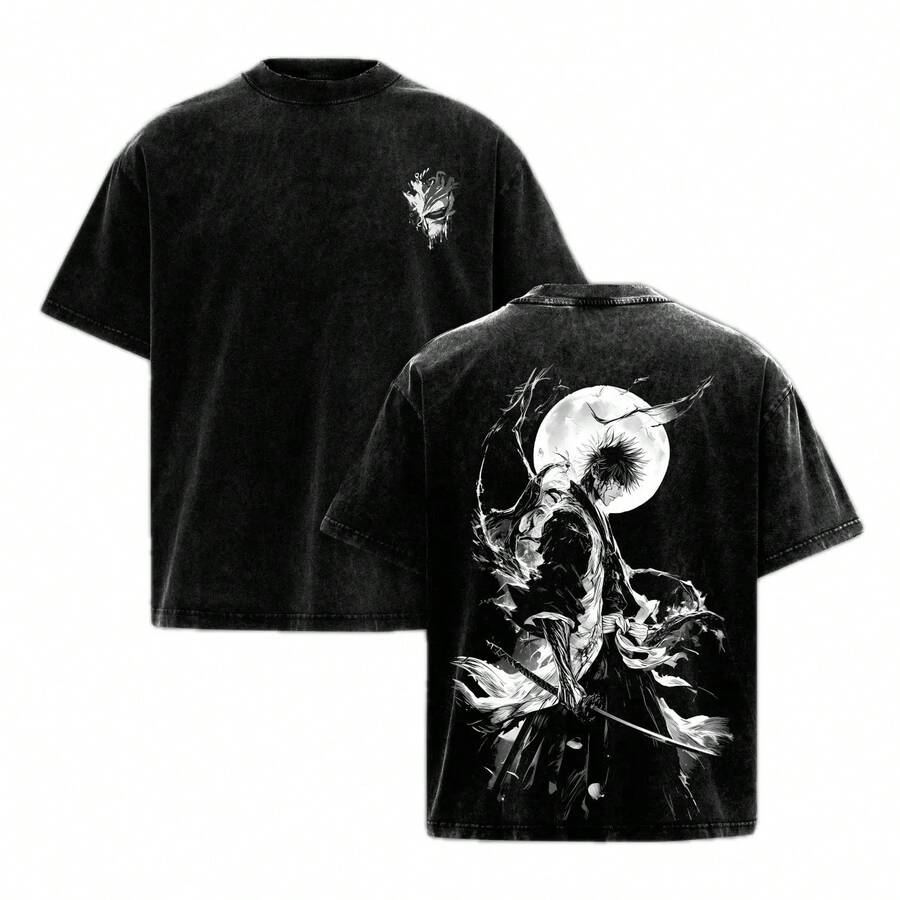 Colección Bleach Ichigo Kurosaki Graphic Vintage Acid Wash: Camiseta Gráfica Oversize, Sudadera Retro de Tejido Grueso y Camiseta sin Mangas Estilo Urbano. Ropa de Anime Estilo Grunge Premiu - Negro - Ver 1