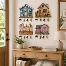 Estante de llaves vintage de estilo rústico con impresión plana 2D - Decoración para entrada, cocina, porche - Soporte de llaves con forma de casa de madera, adecuado para el hogar, la oficina - Fácil de colgar e instalar - Multicolor - Ver 3
