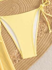 WaveBikini 黃色花卉 3 件式比基尼套裝，細肩帶三角上衣與抽繩透視長款罩衫洋裝 - 黃色 - 查看 4